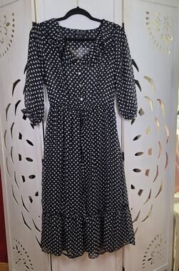 Stella & Julie Retro Black Sheer White Polka Dot Midi 3/4 Sleeve Dress Size 8